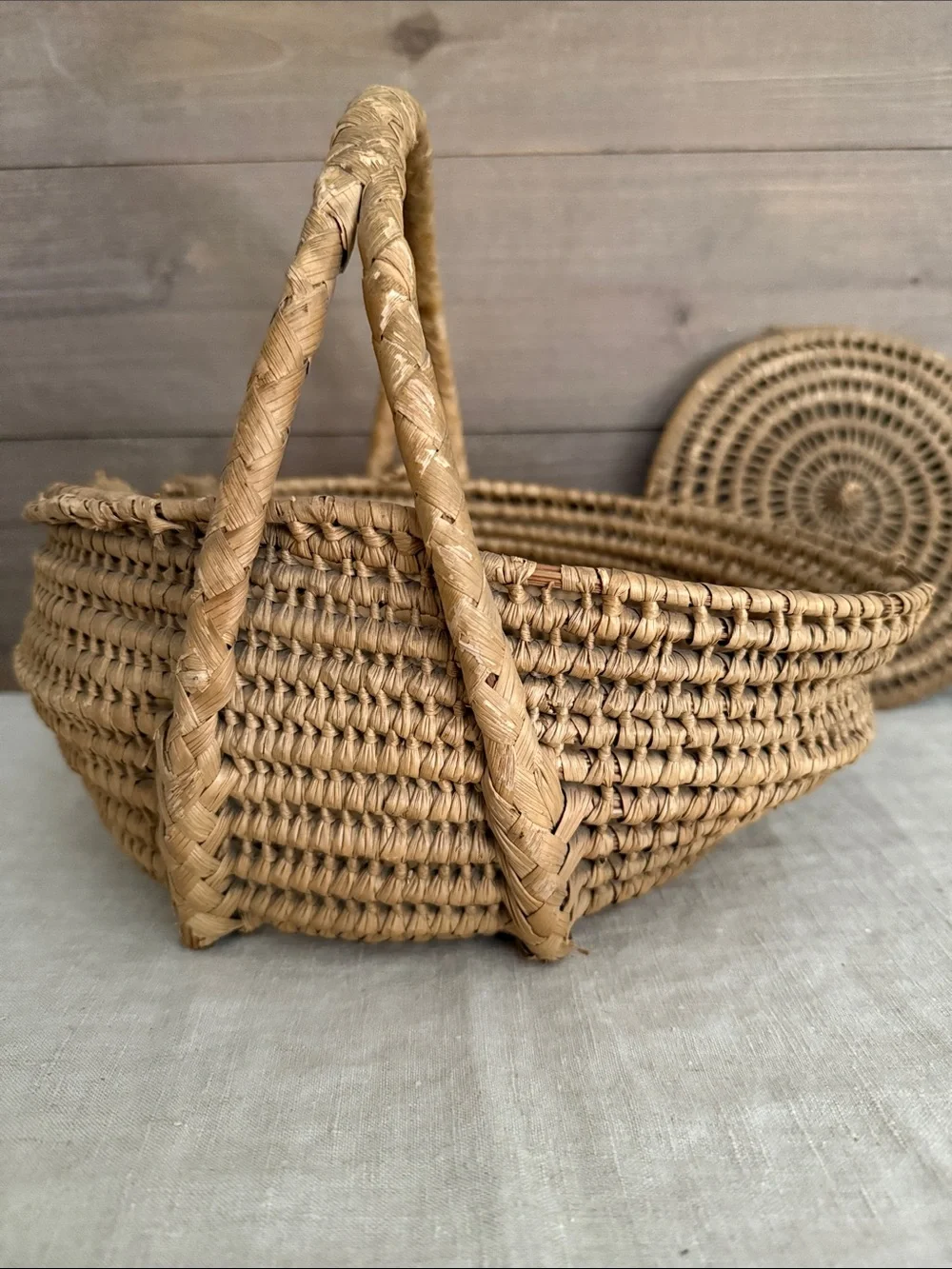 Old Hand Woven Basket with Handle & Lid
